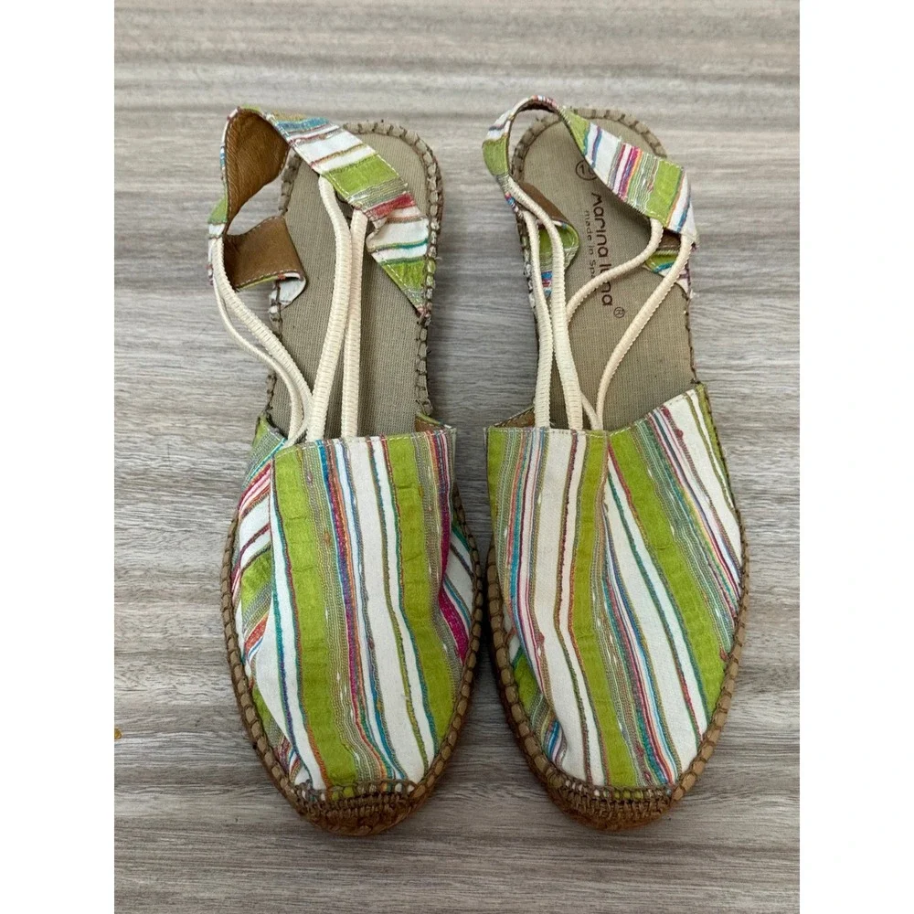 Marina Luna Women Espadrille Wedge Sandals 10 Green Striped Boho Coastal Spain